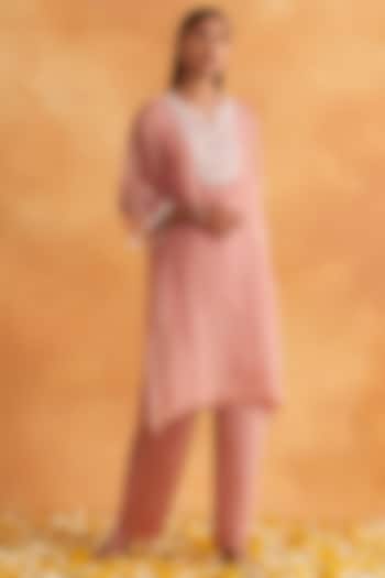 Blush Pink Satin Organza Embroidered Kurta Set by Akriti by Ritika at Pernia's Pop Up Shop