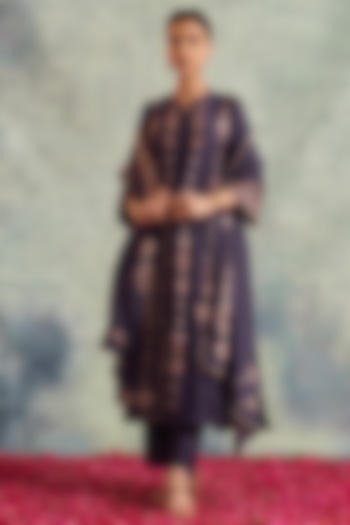 Dark Amethyst Chanderi Embroidered Kurta Set by Akriti by Ritika at Pernia's Pop Up Shop