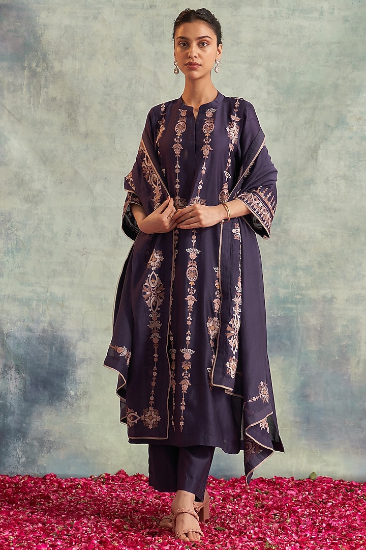 Dark Amethyst Chanderi Embroidered Kurta Set by Akriti by Ritika at Pernia's Pop Up Shop