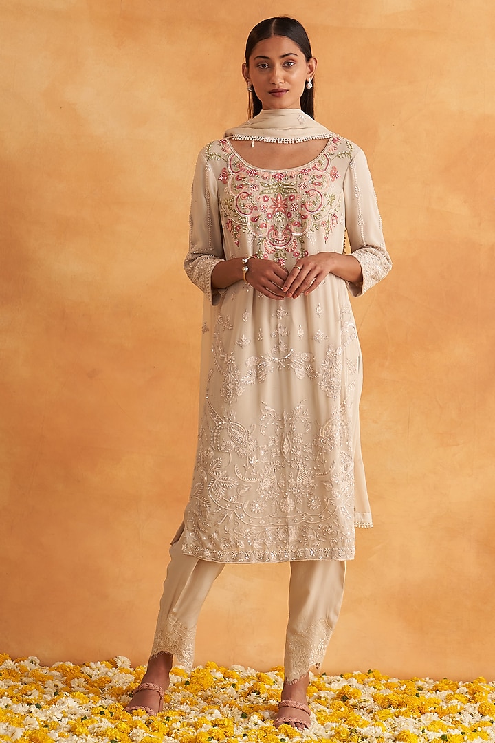 Pastel Beige Georgette Embellished Kurta Set by Akriti by Ritika at Pernia's Pop Up Shop