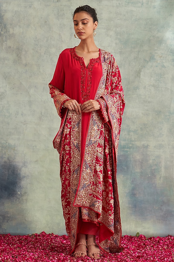 Carrot Red Crepe Embroidered Kurta Set by Akriti by Ritika at Pernia's Pop Up Shop