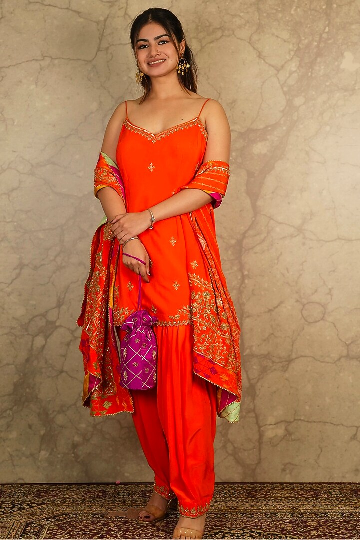 Orange Crepe Kurta Set by Akriti by Ritika at Pernia's Pop Up Shop