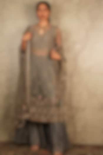 Grey Tabby Silk Wedding Sharara Set by Akriti by Ritika at Pernia's Pop Up Shop