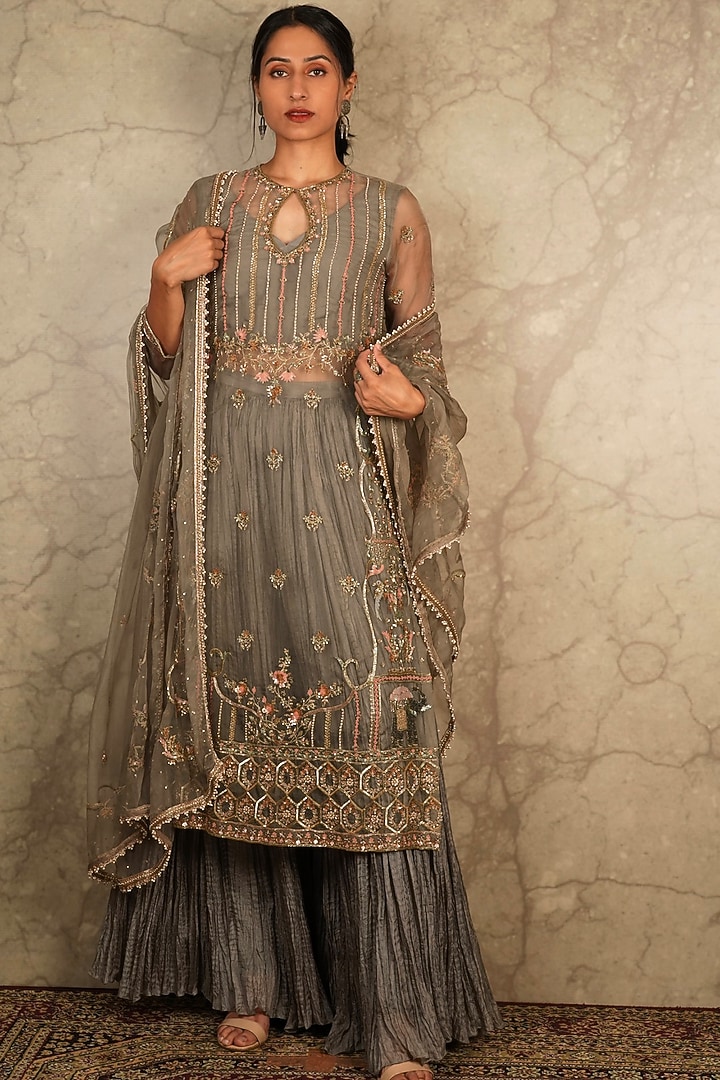 Grey Tabby Silk Wedding Sharara Set by Akriti by Ritika at Pernia's Pop Up Shop