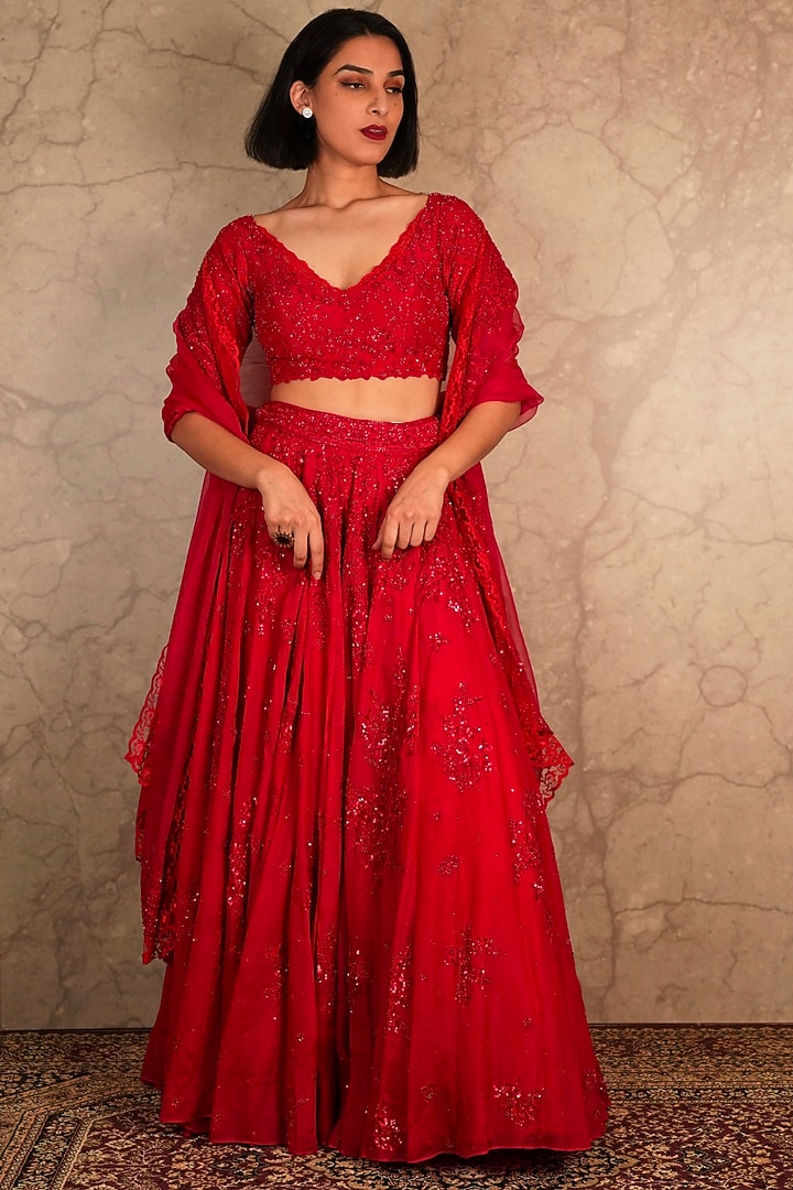 Red Satin Organza Embroidered Wedding Lehenga Set by Akriti by Ritika at Pernia's Pop Up Shop