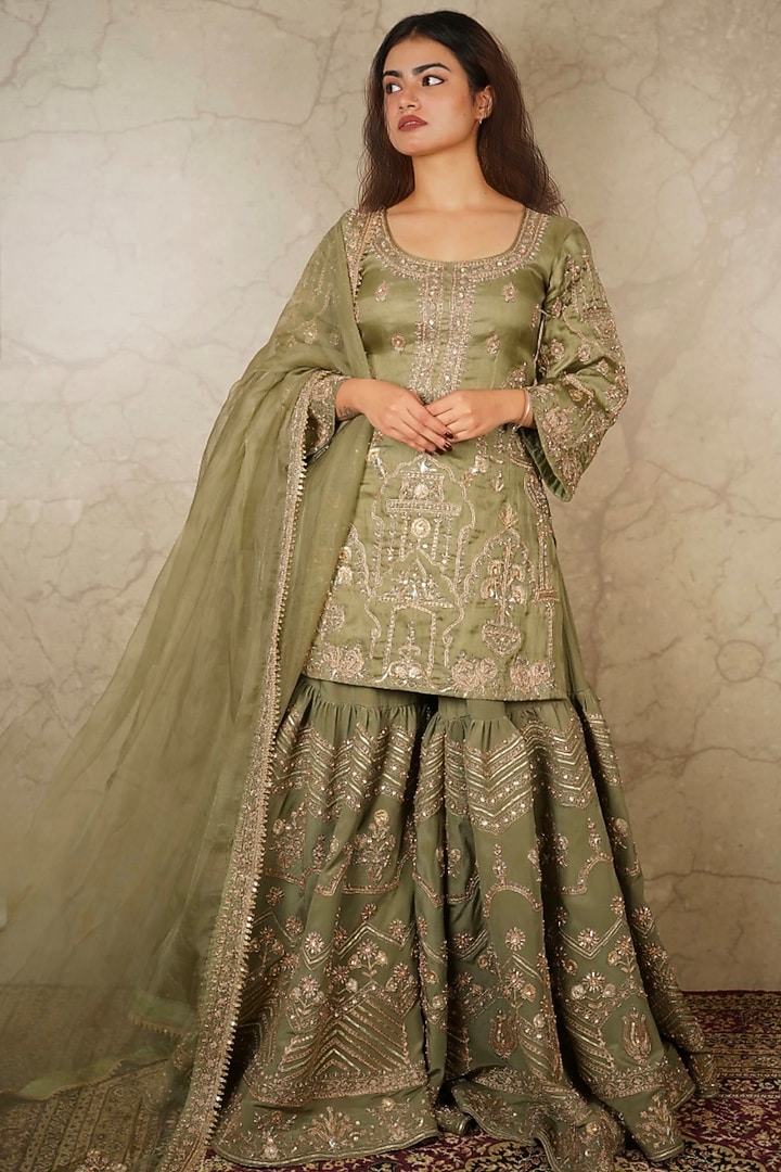 Sage Green Crepe Wedding Sharara Set by Akriti by Ritika at Pernia's Pop Up Shop