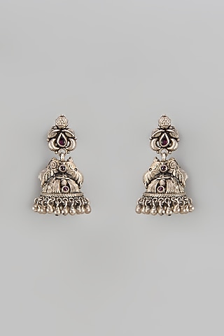 Silver Finish Synthetic Ruby Stone Jhumka Earrings In Sterling Silver by Akarsaka 92.5 Silver