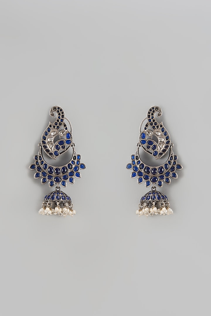 Silver Finish Synthetic Sapphire Stone Jhumka Earrings In Sterling Silver by Akarsaka 92.5 Silver