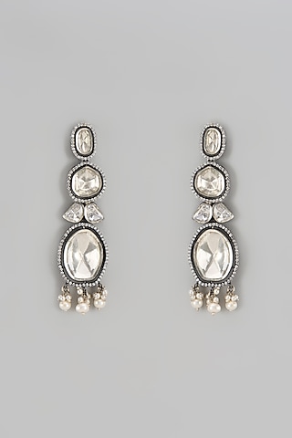 Silver Finish Kundan Polki Dangler Earrings In Sterling Silver by Akarsaka 92.5 Silver