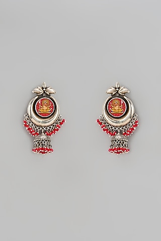 Silver Finish Hand-Painted Chandbaali Earrings In Sterling Silver by Akarsaka 92.5 Silver