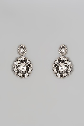 Silver Finish Kundan Polki Dangler Earrings In Sterling Silver by Akarsaka 92.5 Silver