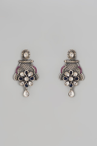 Silver Finish Synthetic Sapphire Stone & Zircon Dangler Earrings In Sterling Silver by Akarsaka 92.5 Silver