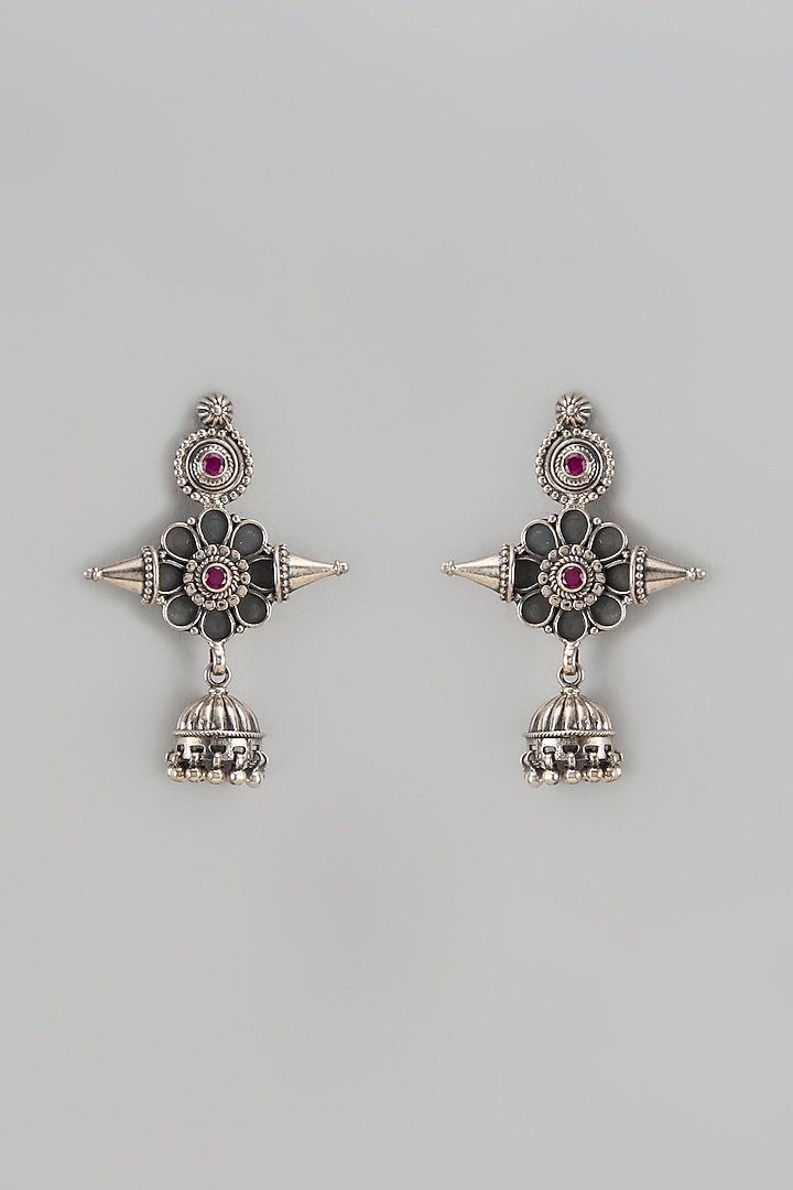 Silver Finish Synthetic Ruby Stone Floral Jhumka Earrings In Sterling Silver by Akarsaka 92.5 Silver