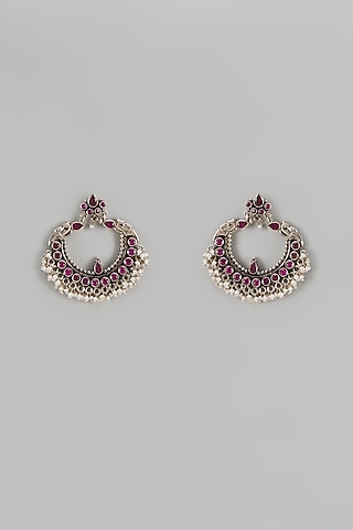 Silver Finish Synthetic Ruby Stone Chandbaali Earrings In Sterling Silver by Akarsaka 92.5 Silver