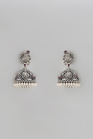 Silver Finish Synthetic Ruby Stone Jhumka Earrings In Sterling Silver by Akarsaka 92.5 Silver