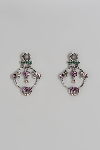 Silver Finish Synthetic Ruby Stone Kamadhenu Dangler Earrings In Sterling Silver by Akarsaka 92.5 Silver