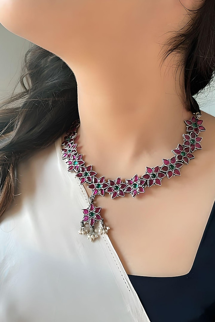 Silver Finish Ruby Stone Necklace In Sterling Silver by Akarsaka 92.5 Silver at Pernia's Pop Up Shop