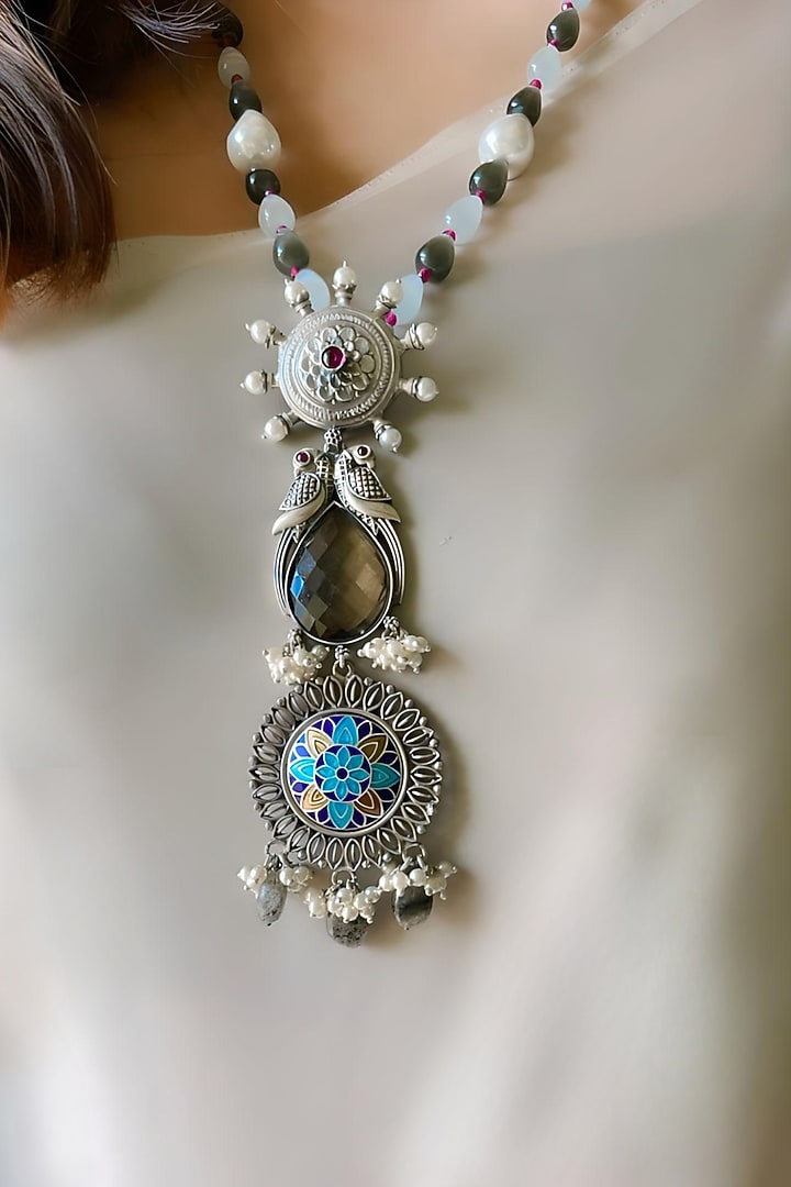 Silver Finish Semi Precious Stone Necklace In Sterling Silver by Akarsaka 92.5 Silver at Pernia's Pop Up Shop