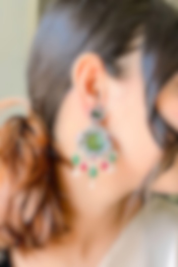 Silver Finish Synthetic Emerald Dangler Earrings In Sterling Silver by Akarsaka 92.5 Silver at Pernia's Pop Up Shop