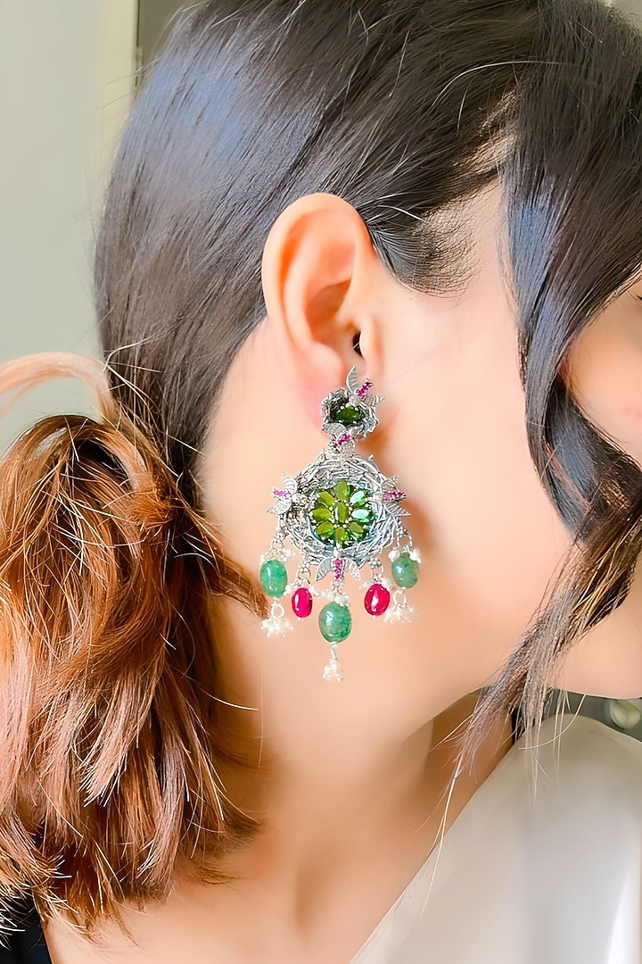 Silver Finish Synthetic Emerald Dangler Earrings In Sterling Silver by Akarsaka 92.5 Silver at Pernia's Pop Up Shop