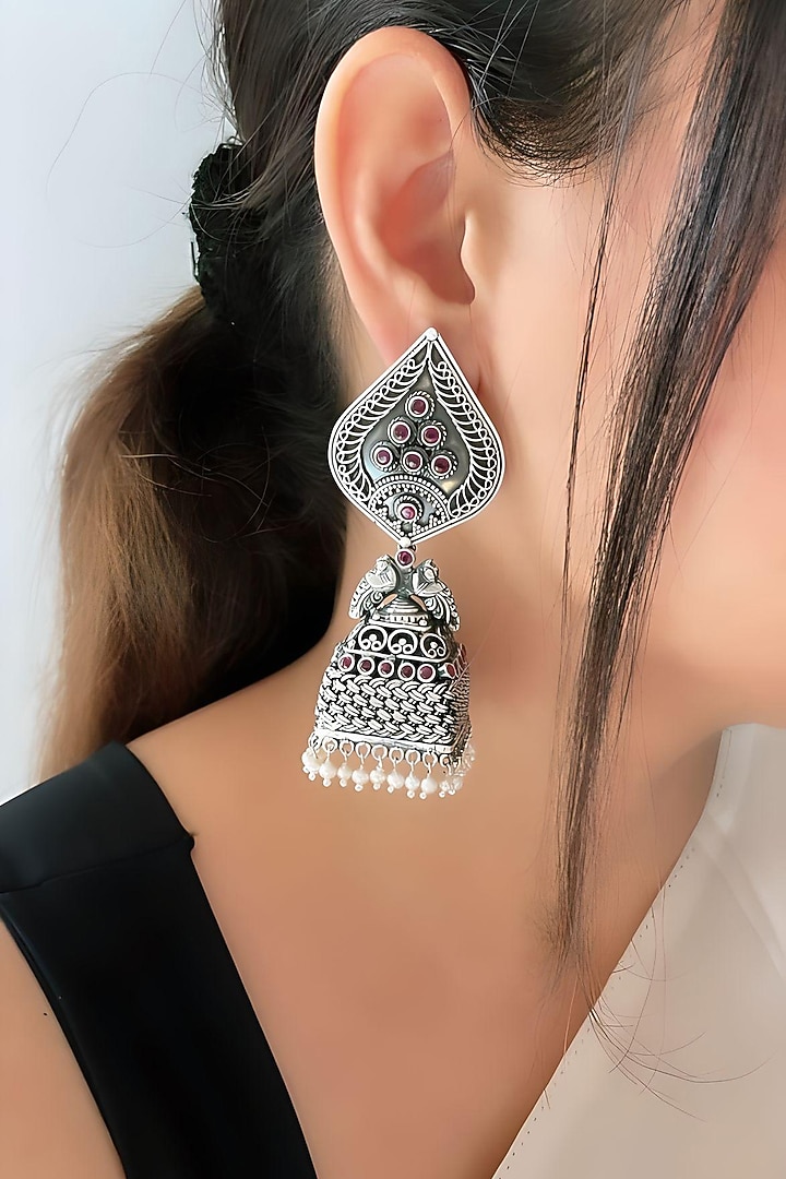 Silver Finish Synthetic Stone Dangler Earrings In Sterling Silver by Akarsaka 92.5 Silver at Pernia's Pop Up Shop