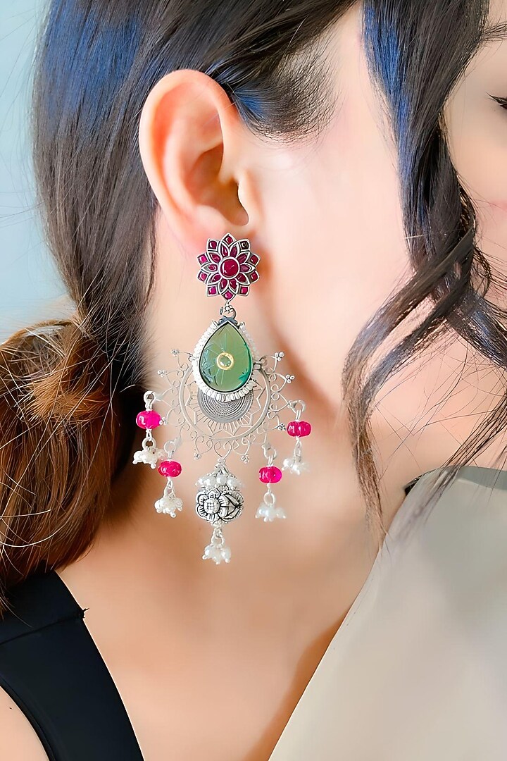 Silver Finish Synthetic Stone Dangler Earrings In Sterling Silver by Akarsaka 92.5 Silver at Pernia's Pop Up Shop