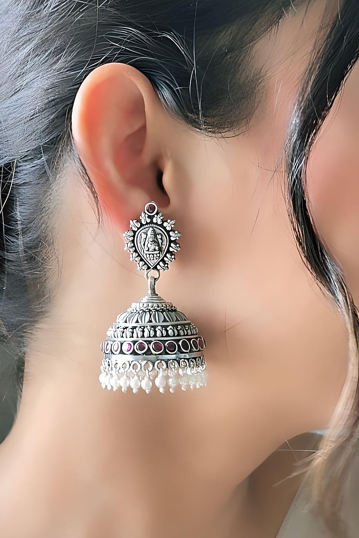 Silver Finish Lakshmi Jhumka Earrings In Sterling Silver by Akarsaka 92.5 Silver at Pernia's Pop Up Shop