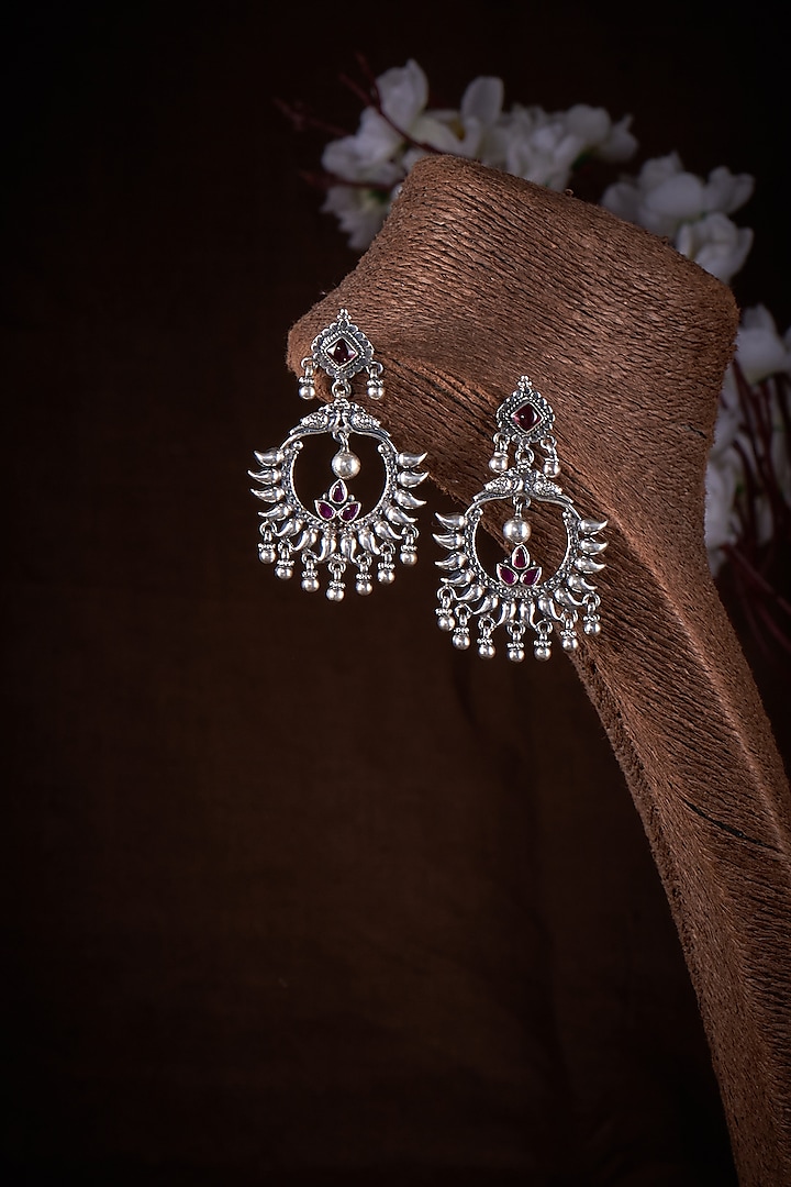 Silver Finish Red Stone Chandbali Earrings In Sterling Silver by Akarsaka 92.5 Silver at Pernia's Pop Up Shop