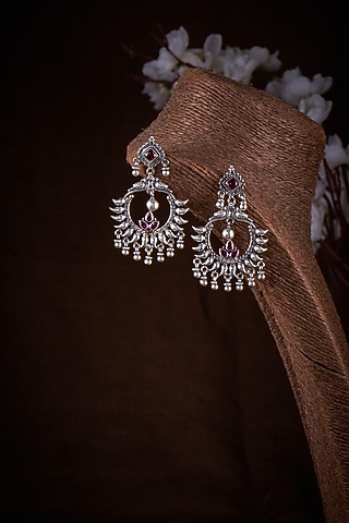 Silver Finish Red Stone Chandbali Earrings In Sterling Silver by Akarsaka 92.5 Silver