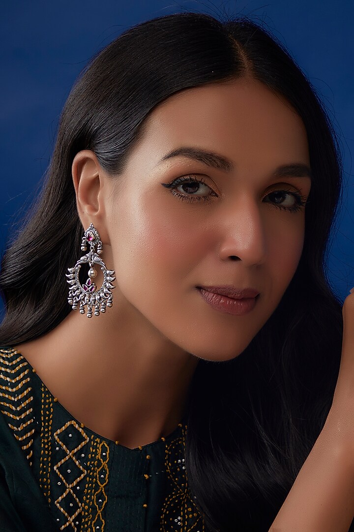 Silver Finish Red Stone Chandbali Earrings In Sterling Silver by Akarsaka 92.5 Silver at Pernia's Pop Up Shop