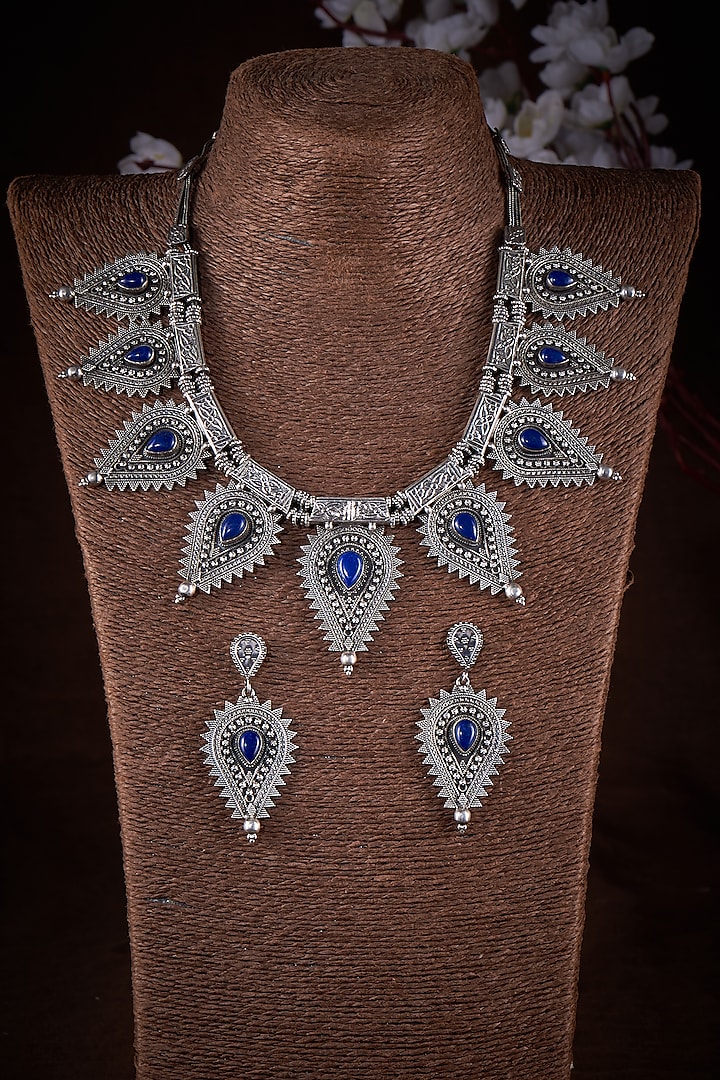 Synthetic Sapphire Boho Style Statement Necklace Set In Sterling Silver by Akarsaka 92.5 Silver