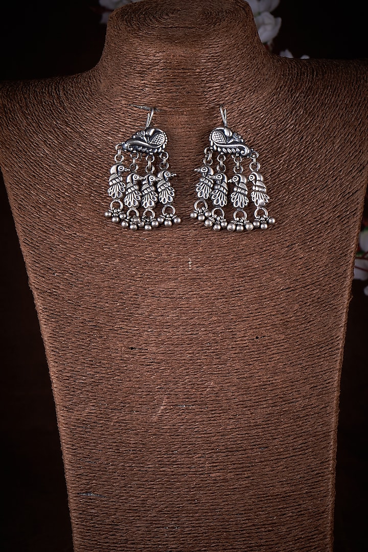 Silver Finish Peacock Dangler Earrings In Sterling Silver by Akarsaka 92.5 Silver at Pernia's Pop Up Shop