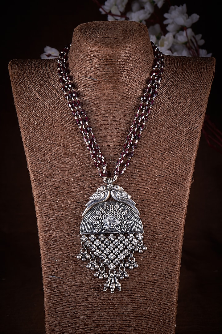 Silver Finish Maroon Beaded Temple Necklace In Sterling Silver by Akarsaka 92.5 Silver