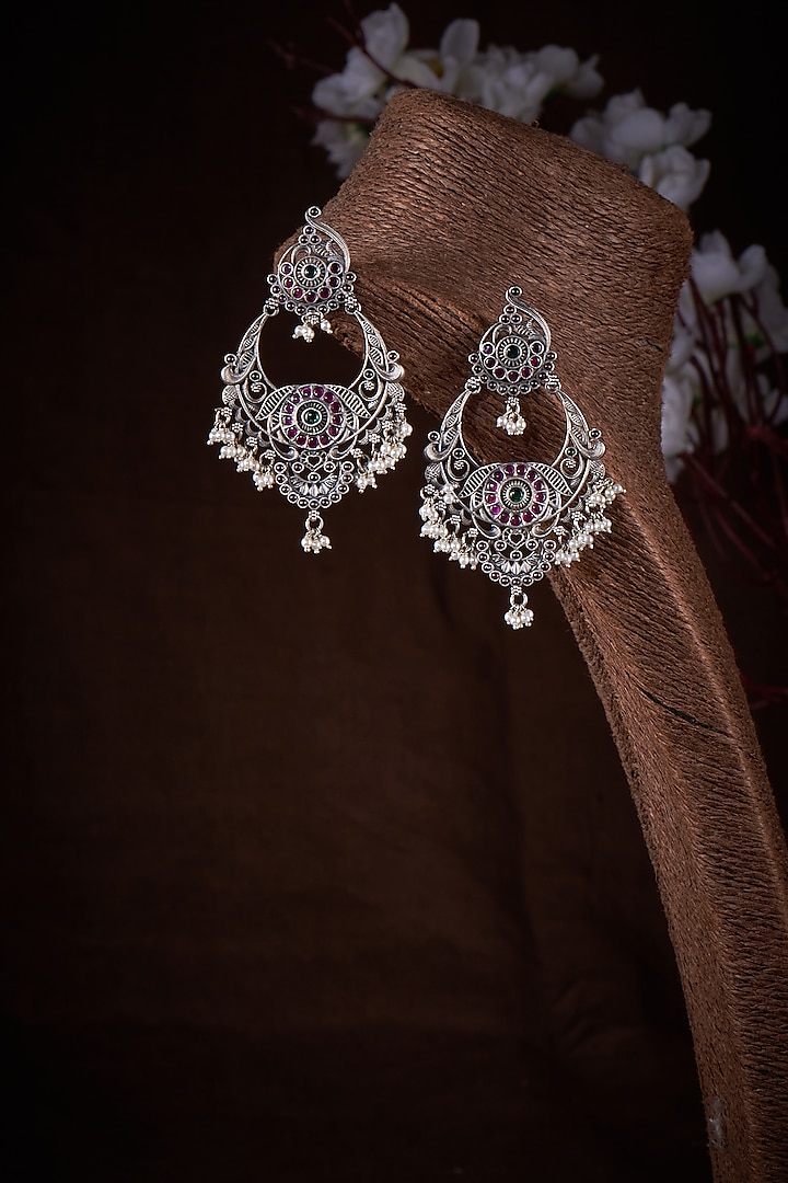 Ruby Stone Chandbali Earrings In Sterling Silver by Akarsaka 92.5 Silver