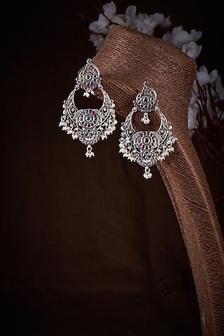 Ruby Stone Chandbali Earrings In Sterling Silver by Akarsaka 92.5 Silver