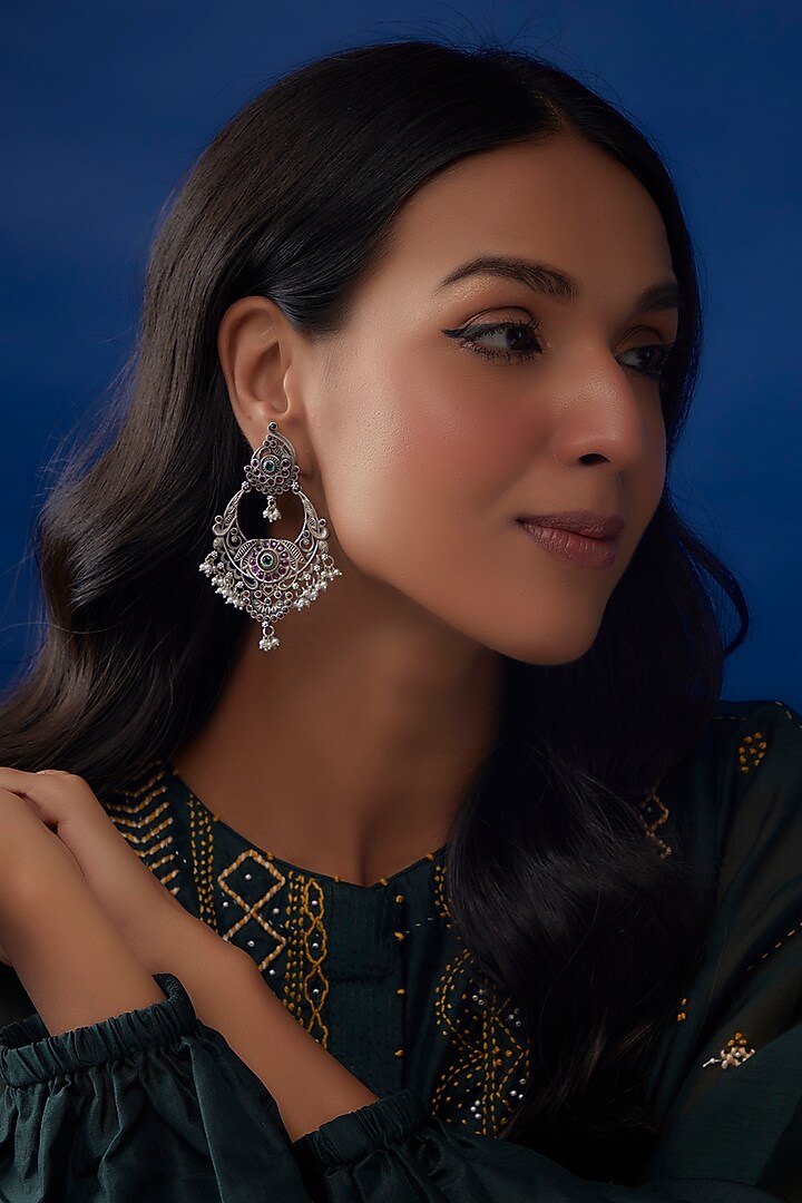 Ruby Stone Chandbali Earrings In Sterling Silver by Akarsaka 92.5 Silver at Pernia's Pop Up Shop