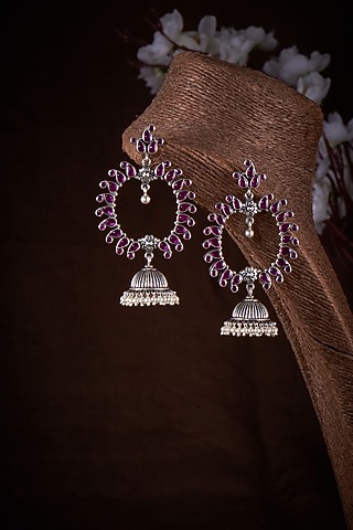 Ruby Stone Jhumka Earrings In Sterling Silver by Akarsaka 92.5 Silver