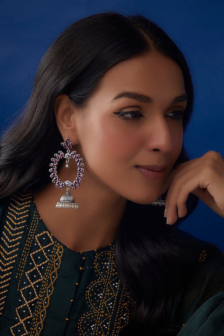 Ruby Stone Jhumka Earrings In Sterling Silver by Akarsaka 92.5 Silver at Pernia's Pop Up Shop