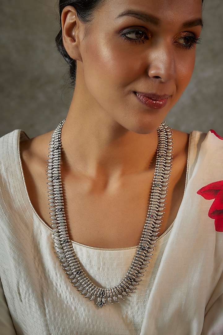 Silver Finish Synthetic Stone Long Necklace In Sterling Silver by Akarsaka 92.5 Silver
