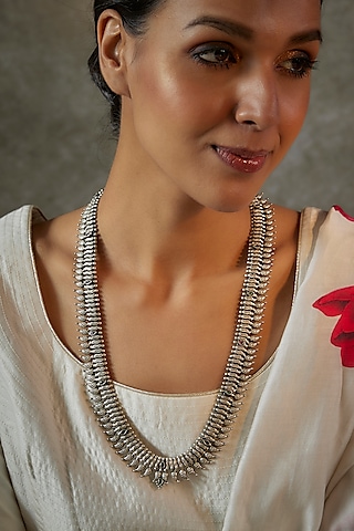 Silver Finish Synthetic Stone Long Necklace In Sterling Silver by Akarsaka 92.5 Silver