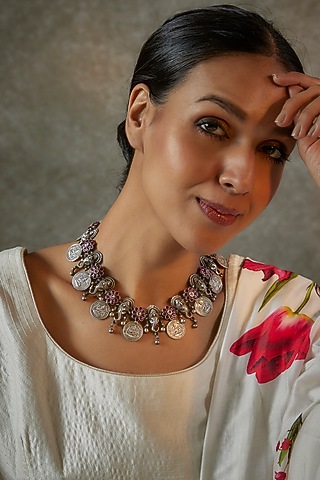 Ruby Laxmi Ganesha Temple Necklace In Sterling Silver by Akarsaka 92.5 Silver
