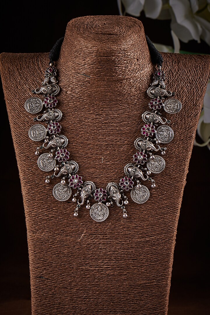 Ruby Laxmi Ganesha Temple Necklace In Sterling Silver by Akarsaka 92.5 Silver at Pernia's Pop Up Shop
