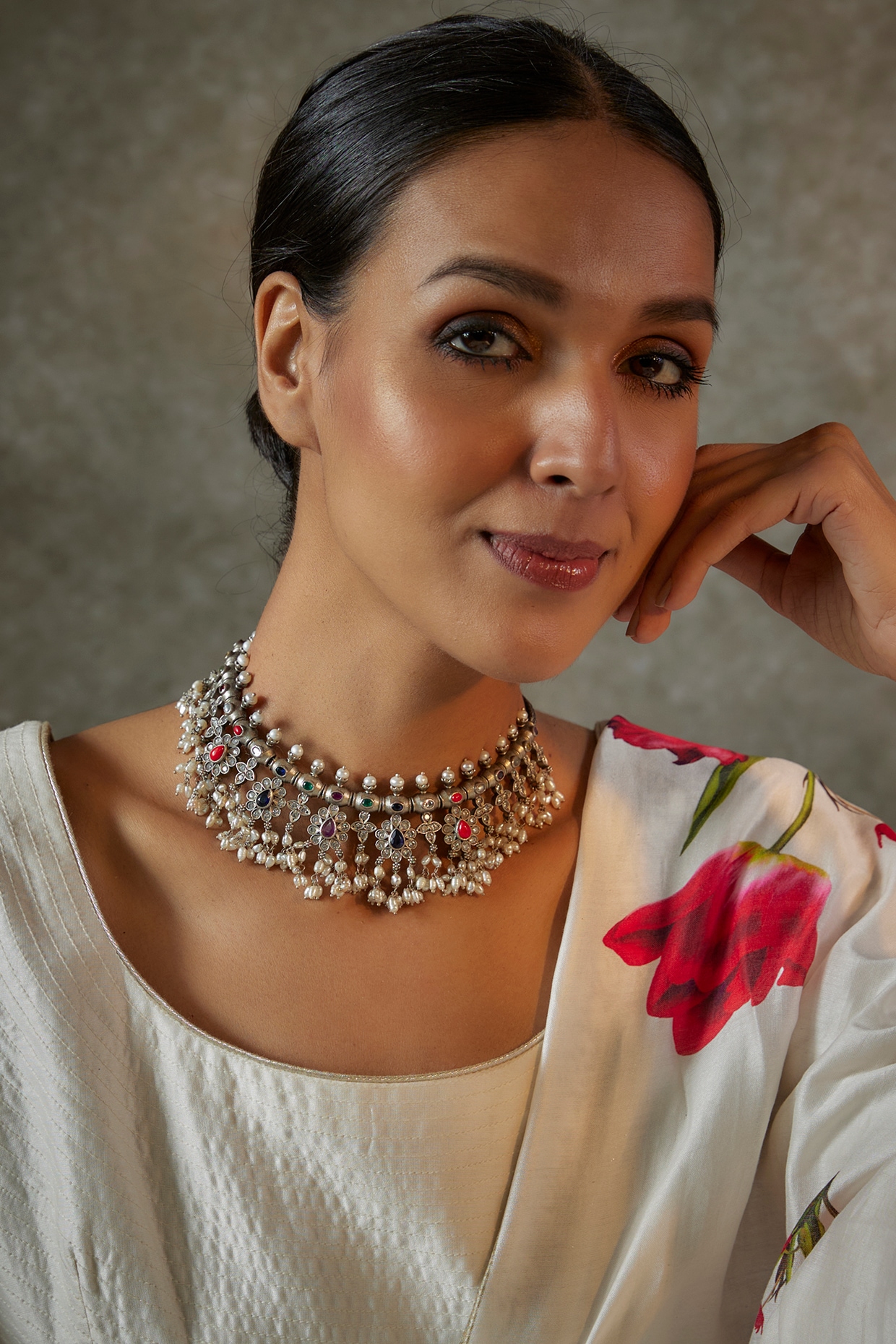 Multi-Color Floral Stone Necklace with Earrings!!!! #58844 | Buy  Traditional Necklace Sets Online