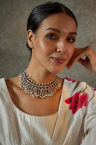 Multi-Colored Stone Necklace In Sterling Silver by Akarsaka 92.5 Silver