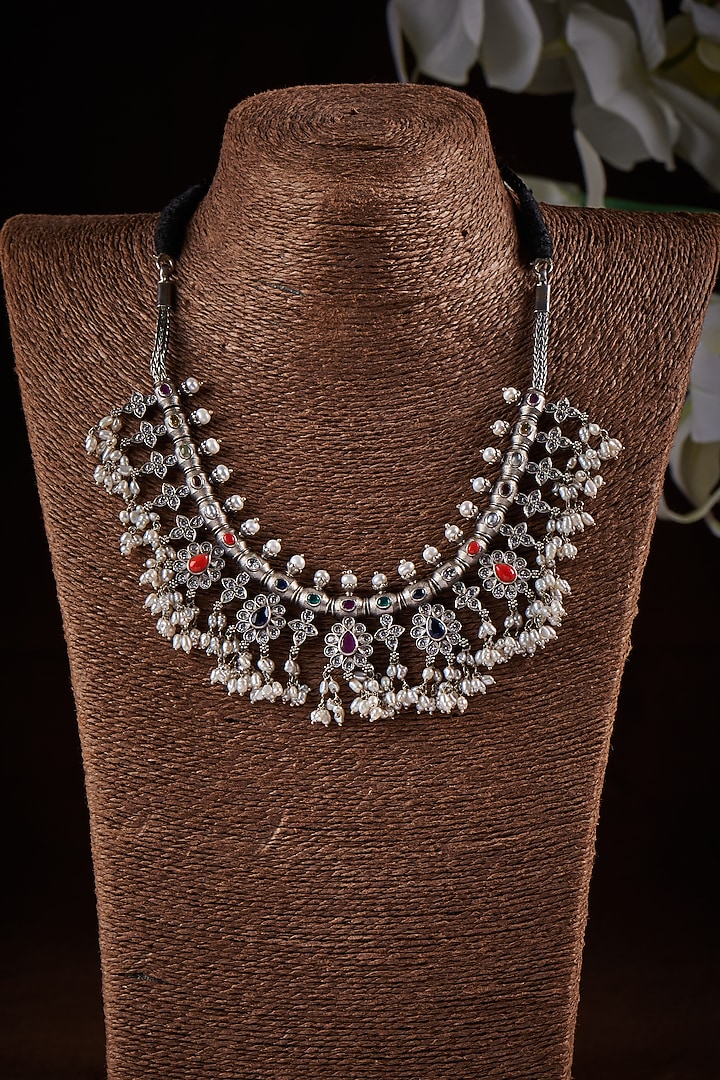 Multi-Colored Stone Necklace In Sterling Silver by Akarsaka 92.5 Silver at Pernia's Pop Up Shop