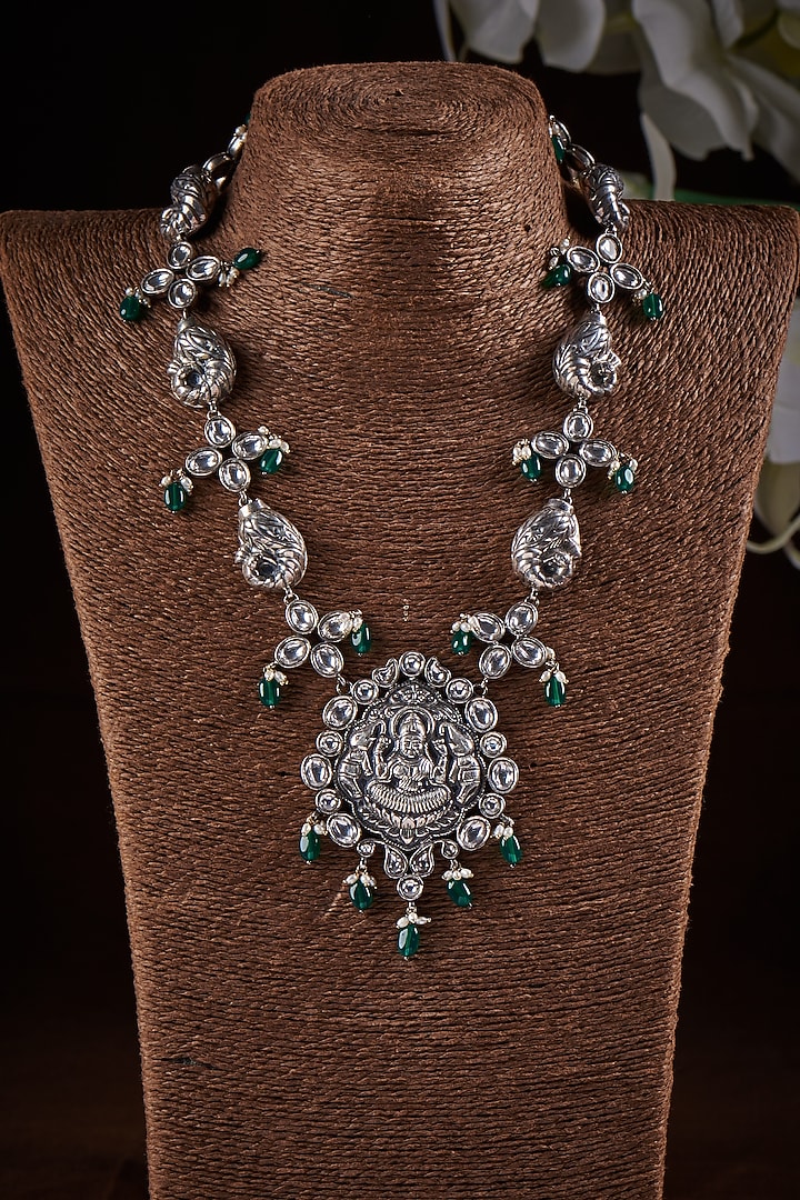 White Finish Kundan Polki Laxmi Necklace In Sterling Silver by Akarsaka 92.5 Silver at Pernia's Pop Up Shop
