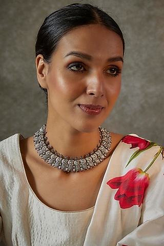 Peacock Motif Ruby Necklace In Sterling Silver by Akarsaka 92.5 Silver