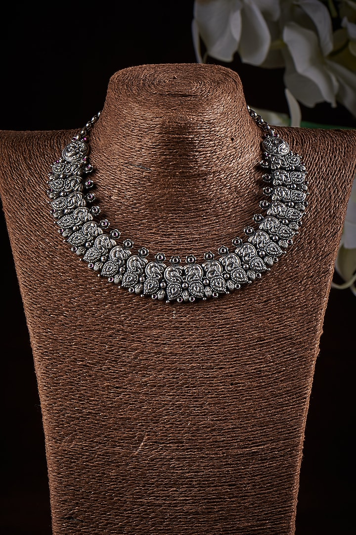 Peacock Motif Ruby Necklace In Sterling Silver by Akarsaka 92.5 Silver at Pernia's Pop Up Shop