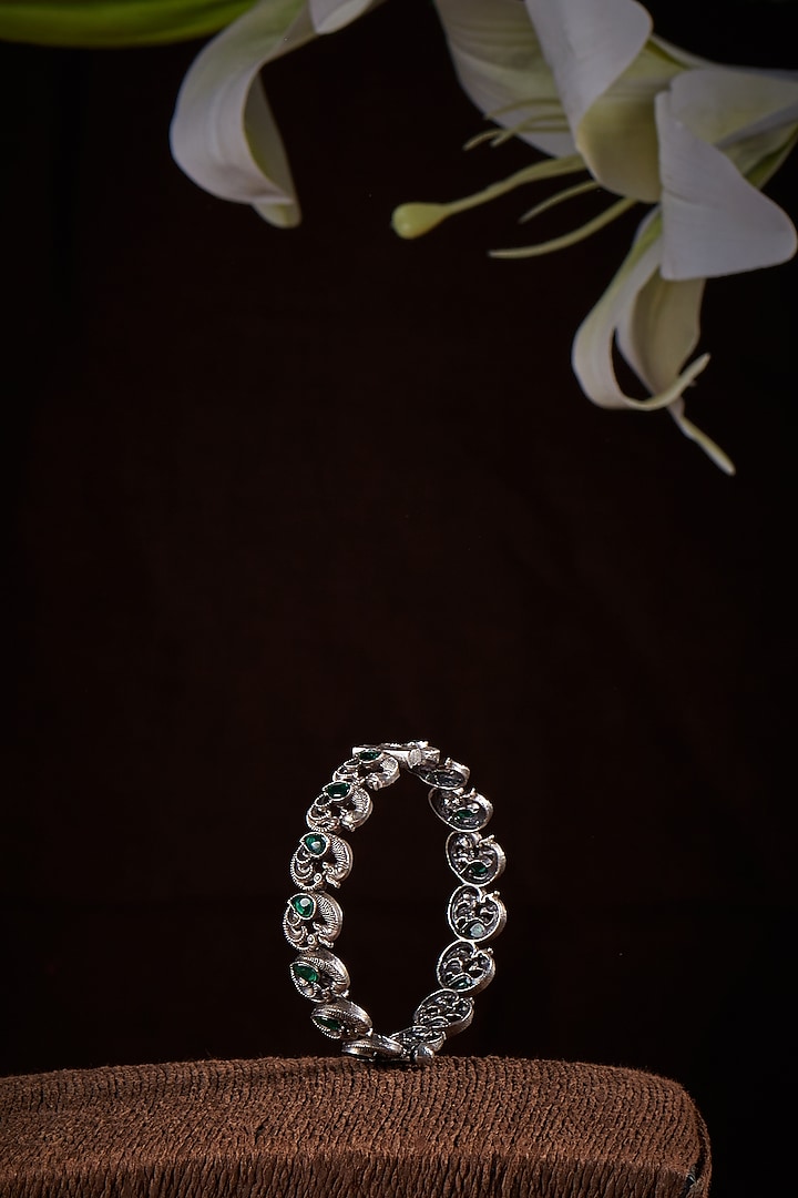 Peacock Motif Emerald Bangle In Sterling Silver by Akarsaka 92.5 Silver at Pernia's Pop Up Shop