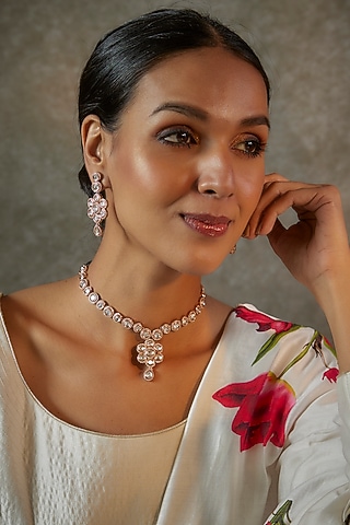 Rose Gold Finish Kundan Polki Necklace Set In Sterling Silver by Akarsaka 92.5 Silver